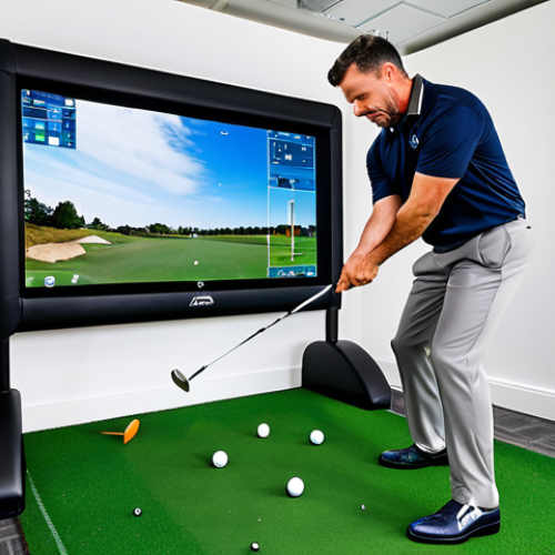 Home 4 A professional male golf instructor, mid-30s, dressed in modern professional golf attire, stands with a golf club in a sophisticated indoor golf simulator studio. He demonstrates a perfect, natural golf swing pose, showcasing correct proportions and well-formed hands. Behind him, a large, high-definition screen displays advanced swing analysis data and graphics from a launch monitor like Trackman or GCQuad. The studio is well-lit, clean, and has a contemporary design, emphasizing precision and innovation in golf instruction. Fully clothed, appropriate attire, modest clothing, professional dress, safe for work, appropriate content, perfect anatomy, correct proportions, natural pose, well-formed hands, proper finger count, natural body proportions, professional photography, high quality.