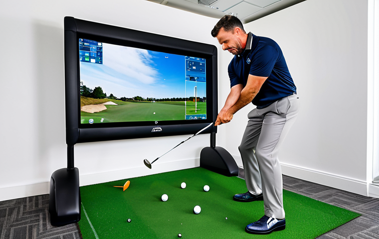 A professional male golf instructor, mid-30s, dressed in modern professional golf attire, stands with a golf club in a sophisticated indoor golf simulator studio. He demonstrates a perfect, natural golf swing pose, showcasing correct proportions and well-formed hands. Behind him, a large, high-definition screen displays advanced swing analysis data and graphics from a launch monitor like Trackman or GCQuad. The studio is well-lit, clean, and has a contemporary design, emphasizing precision and innovation in golf instruction. Fully clothed, appropriate attire, modest clothing, professional dress, safe for work, appropriate content, perfect anatomy, correct proportions, natural pose, well-formed hands, proper finger count, natural body proportions, professional photography, high quality.
