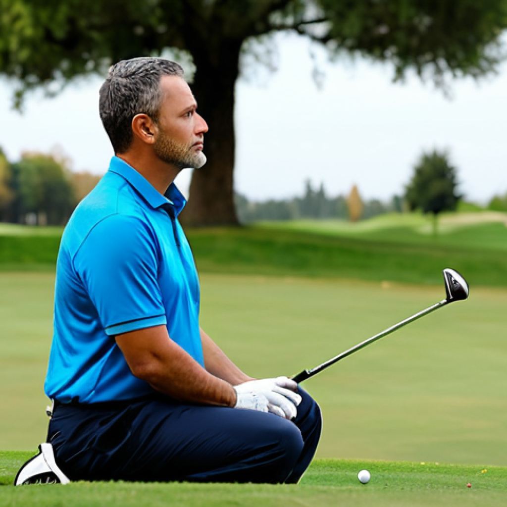 골프코치의 스트레스 관리법 - Mindfulness & Breathing**
"A golf coach, fully clothed in professional attire, is sitting peacefull...