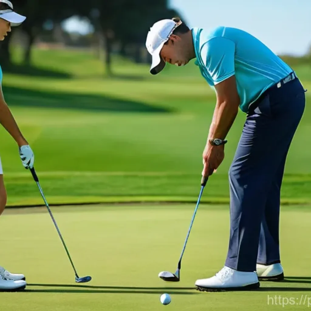 골프코치의 동기 부여 사례 - A focused female golf coach, in her late 40s, with a warm and encouraging expression, demonstrates a...