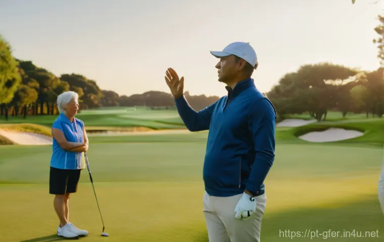 골프코치의 동기 부여 사례 - A focused female golf coach, in her late 40s, with a warm and encouraging expression, demonstrates a...