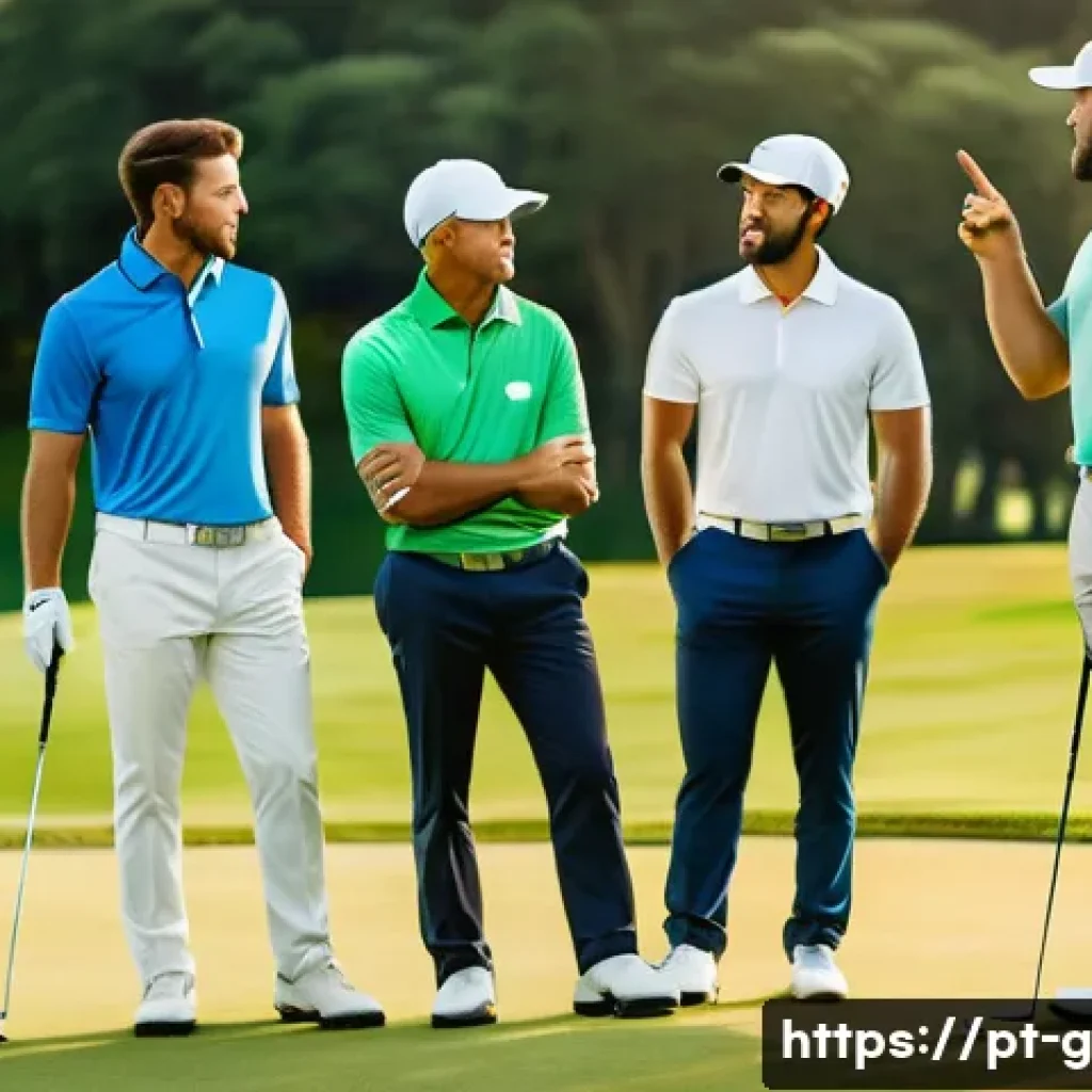 골프 필드레슨에서 팀워크 강화 - A diverse group of golf players on a lush green golf course during a sunny day, engaged in clear and...