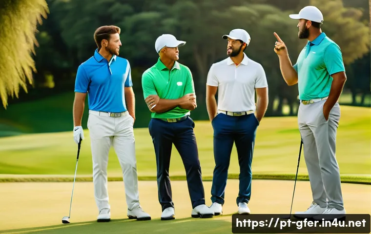 골프 필드레슨에서 팀워크 강화 - A diverse group of golf players on a lush green golf course during a sunny day, engaged in clear and...