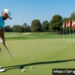 골프 프로 자격증 취득 절차 - A professional golf instructor demonstrating the correct posture and swing technique on a lush green...