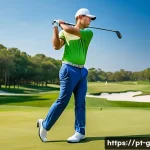골프 스윙 이론 완벽 정리 - A professional golfer practicing a perfect golf swing posture on a lush green golf course under clea...