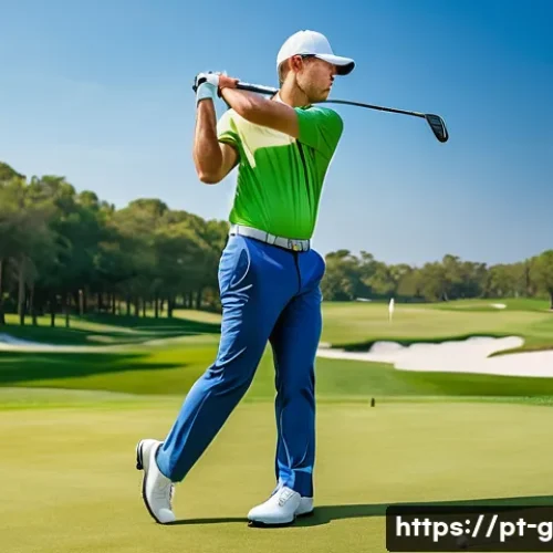 골프 스윙 이론 완벽 정리 - A professional golfer practicing a perfect golf swing posture on a lush green golf course under clea...