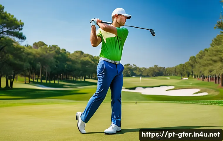 골프 스윙 이론 완벽 정리 - A professional golfer practicing a perfect golf swing posture on a lush green golf course under clea...