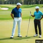 골프코치로서의 필수 자질 - A professional golf coach attentively observing a diverse adult student practicing golf swing on a l...