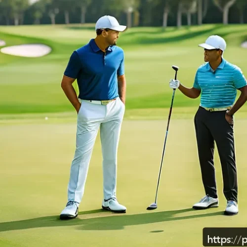 골프코치로서의 필수 자질 - A professional golf coach attentively observing a diverse adult student practicing golf swing on a l...