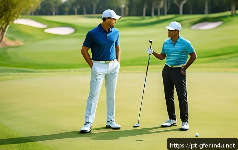 골프코치로서의 필수 자질 - A professional golf coach attentively observing a diverse adult student practicing golf swing on a l...