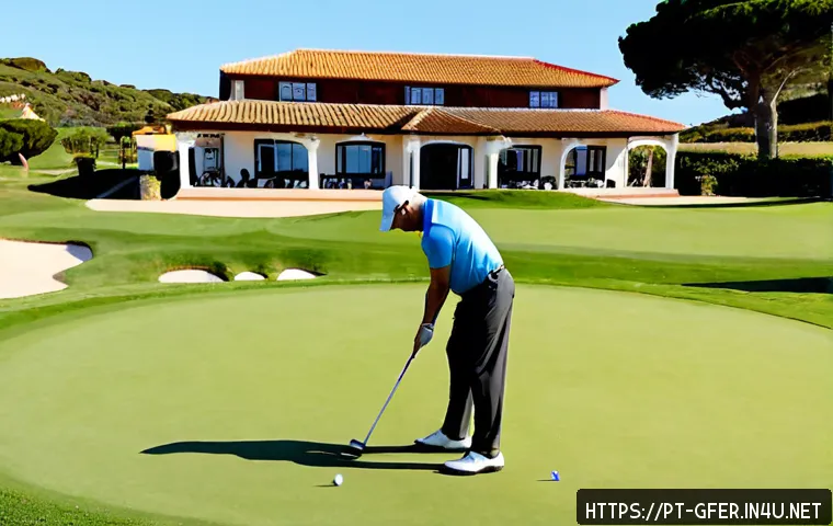 골프 레슨 마케팅 전략 - Photorealistic golf lesson marketing scene at a sunny Portuguese coastal golf club, friendly middle-...